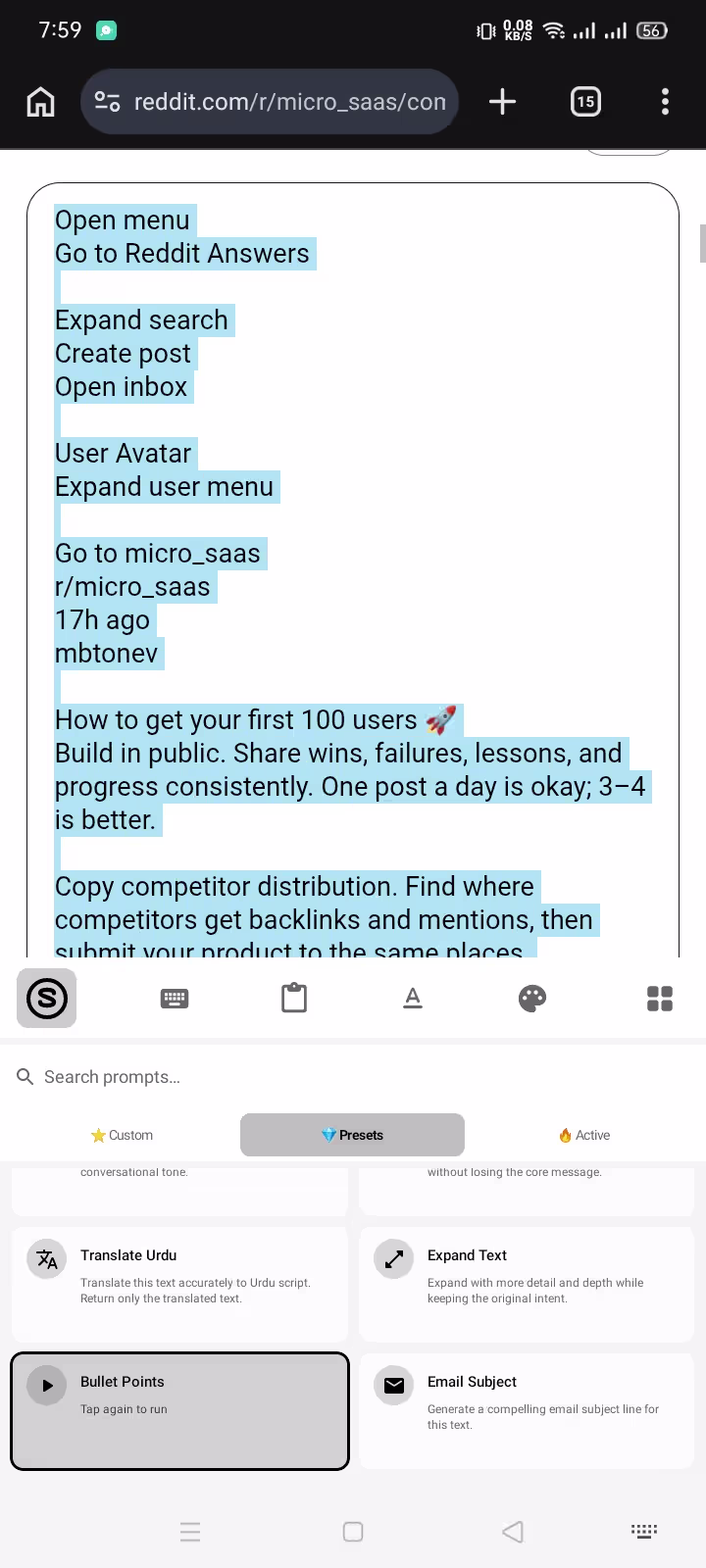 Synapse AI keyboard custom prompt options visible over a Reddit comment box